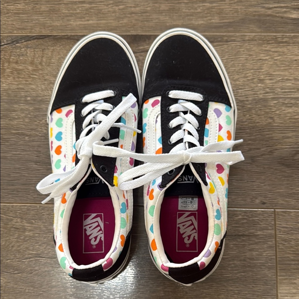 Vans Black and White Sneakers with Colorful Hearts size 5